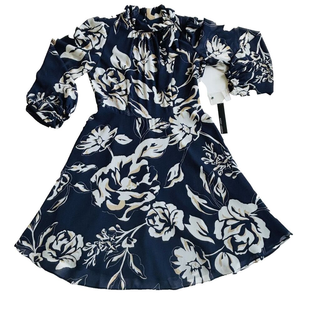 Maggy London Navy Floral Mini Dress 8 Tie Neck Long Sleeve Wedding Guest Flowy